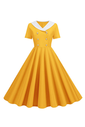 Amarelo 1950s Vestido Com Mangas Curtas